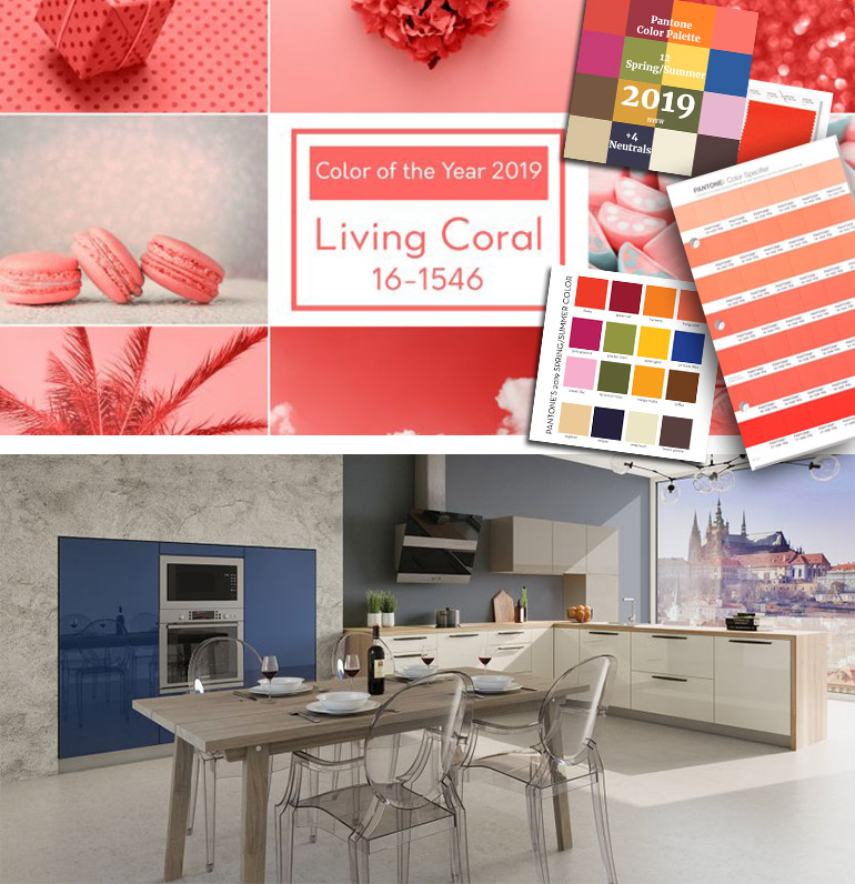 Zářivý Living Coral a doprovodné barvy. Pantone Kuchyňská sestava z linií Forever Young a MAGIQ. Oresi 
