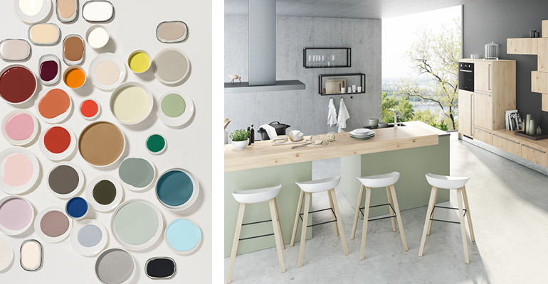 Medová a doprovodné barvy. Dulux Pastelová zelená kuchyně Savana v objetí světlého dřeva linie Tewa. Oresi 