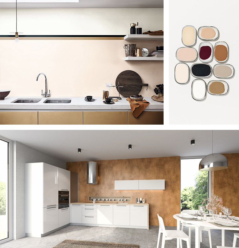Barvy z palety Místo pro přemýšlení a rozjímání. Dulux Bílé to jde dobře dohromady s medově hnědou. Kuchyně ARTIQA. Oresi 