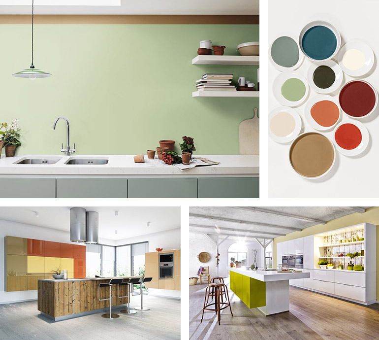 Barvy z palety Milovat a sdílet. Dulux Kuchyně z linií Wood Point a Glam face v medových tónech s metalickými odlesky. Stevia a Areka v oblíbené bílé barvě s akcenty limetkové zelené. Oresi 