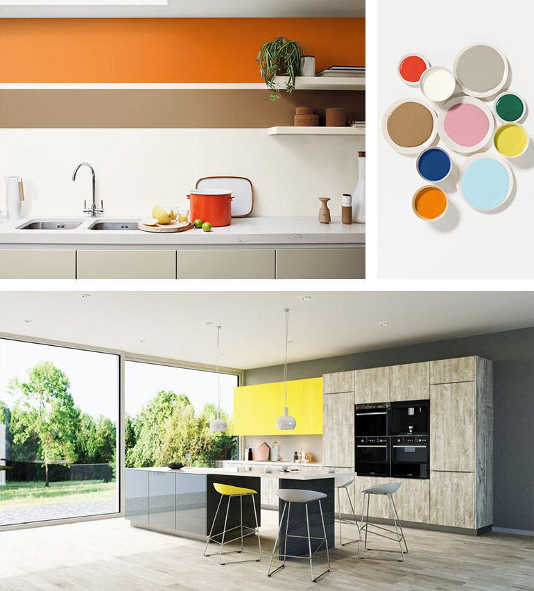 Jednat a konat, hravá paleta jasných, sytých odstínů. Dulux Aktuální zářivá žlutá v kuchyňských sestavách Forever Young, Wood Point a Gray Cat z prémiové třídy Livanza. Oresi 